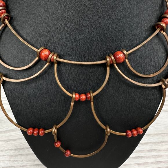 Handmade Copper Boho Choker Necklace Multi-layered w/ Red Wood Beads Hook Clasp - Picture 2 of 6